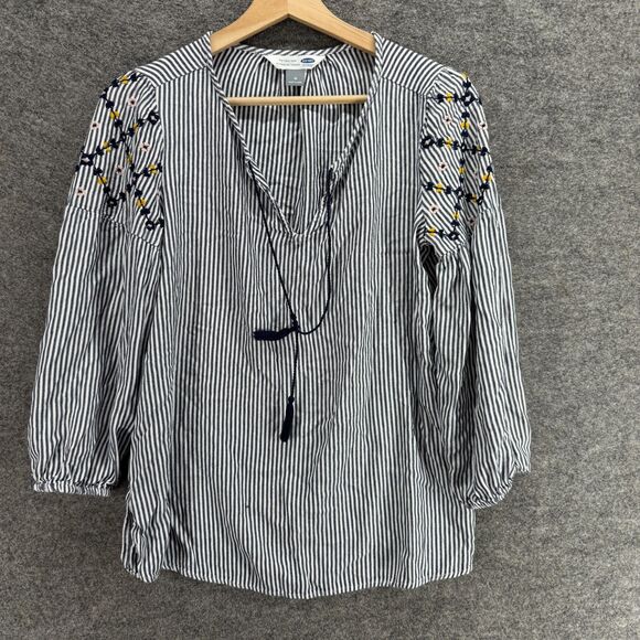 Old Navy The Tunic Shirt Women M Medium Gray Striped V-Neck Tasseled Long Sleeve - Picture 1 of 7